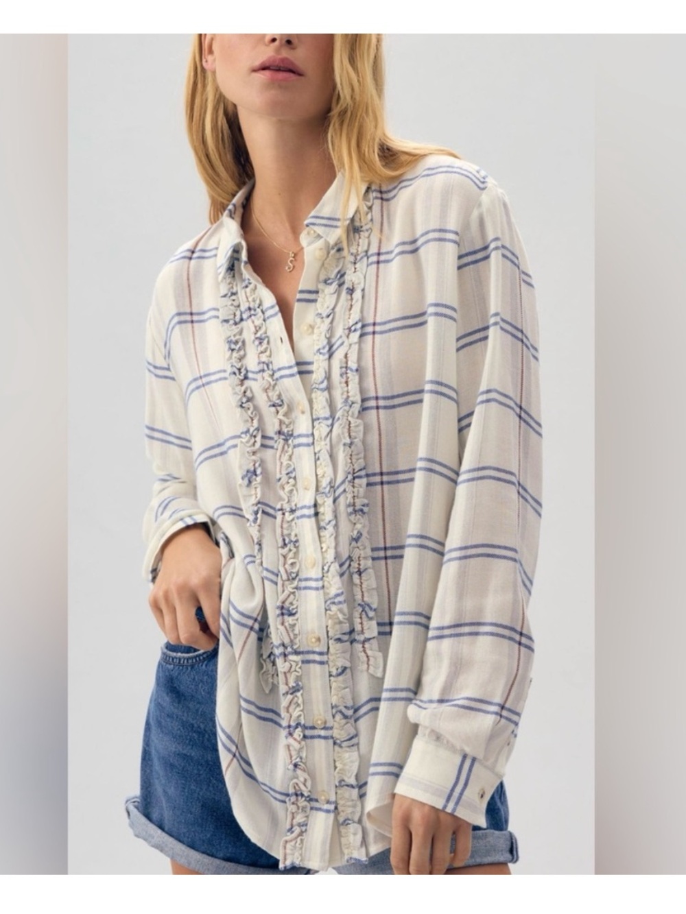Anthropologie Pilcro Ruffled Tuxedo Plaid Button Down Shirt